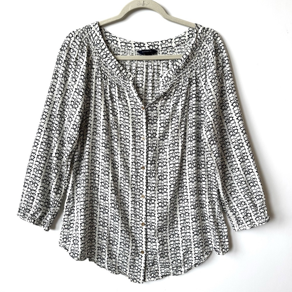 Lands End eyeglasses novelty print blouse button front shirt